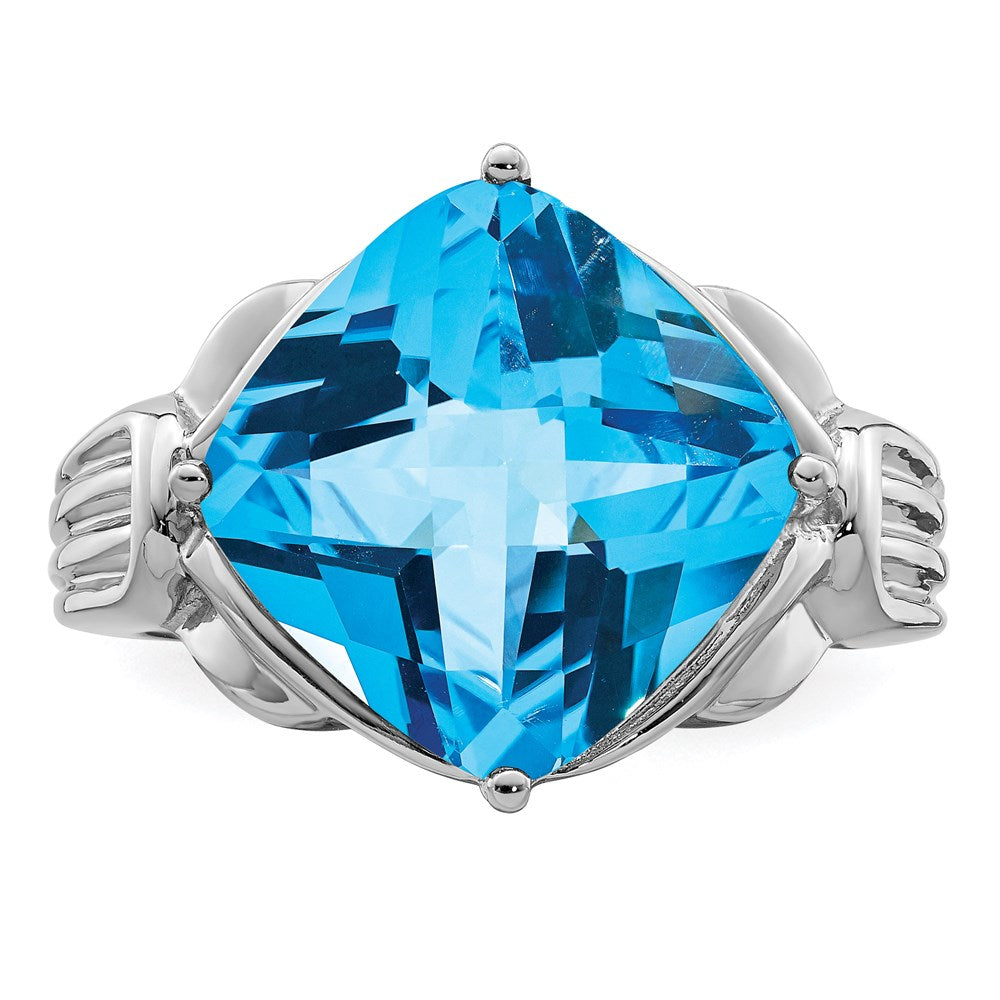 Rhodium Checker-Cut Blue Topaz Ring in Sterling Silver