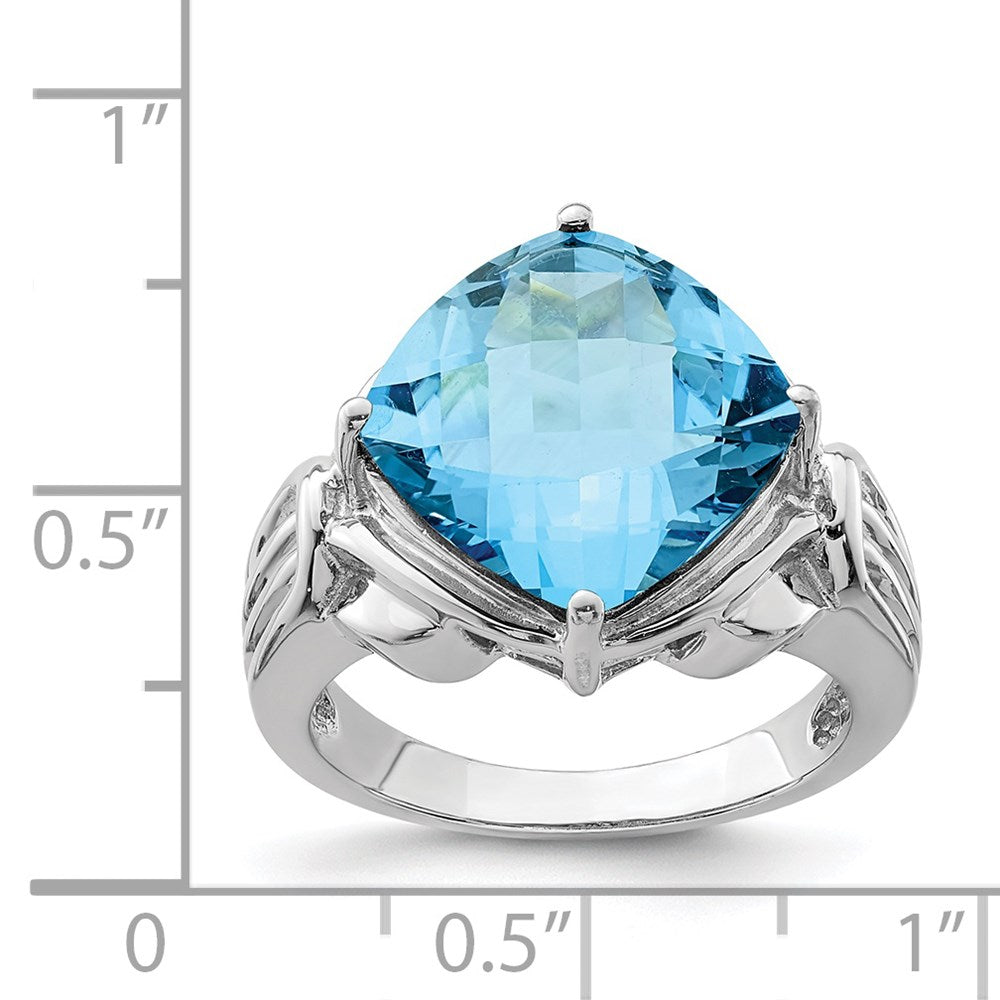 Rhodium Checker-Cut Blue Topaz Ring in Sterling Silver