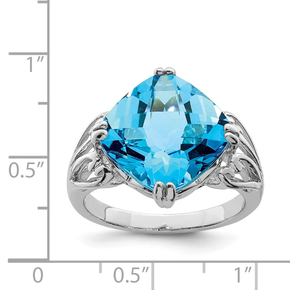 Rhodium Checker-Cut Blue Topaz Ring in Sterling Silver