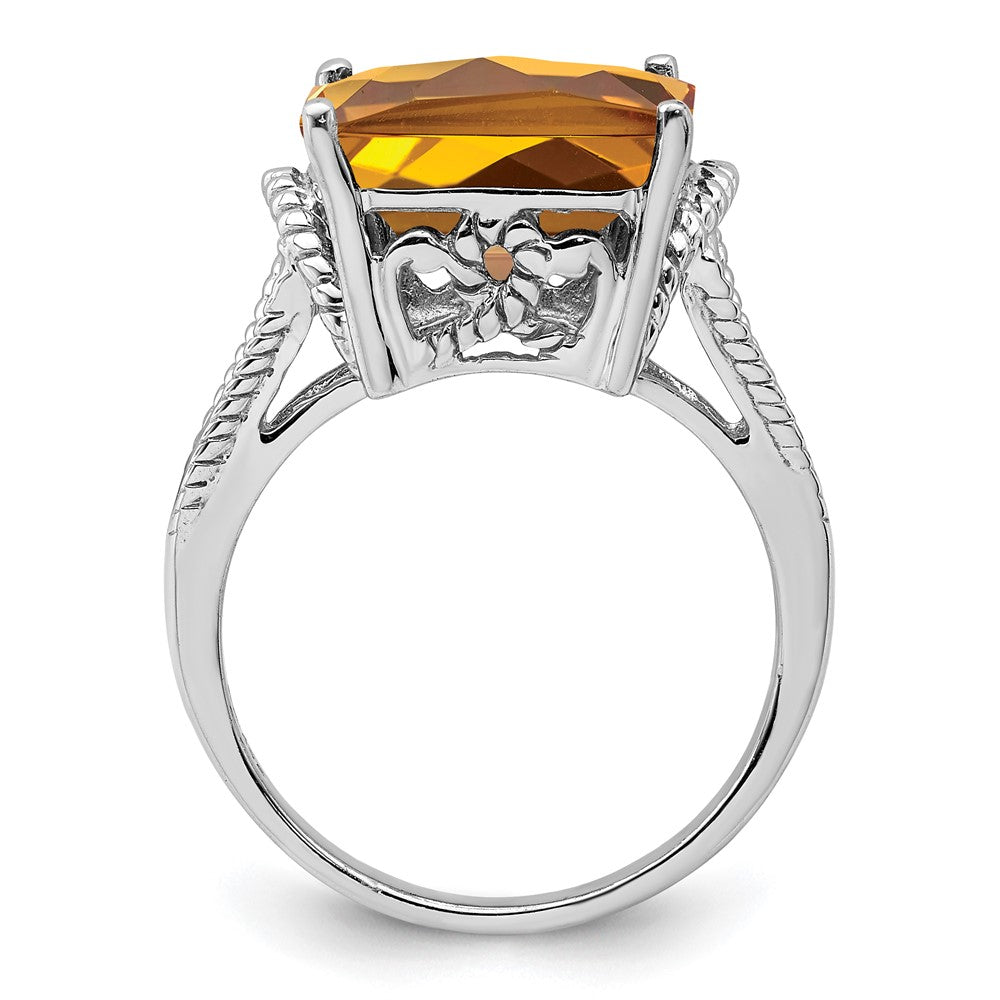 Rhodium Octagonal Checker-Cut Whiskey Quartz Ring in Sterling Silver