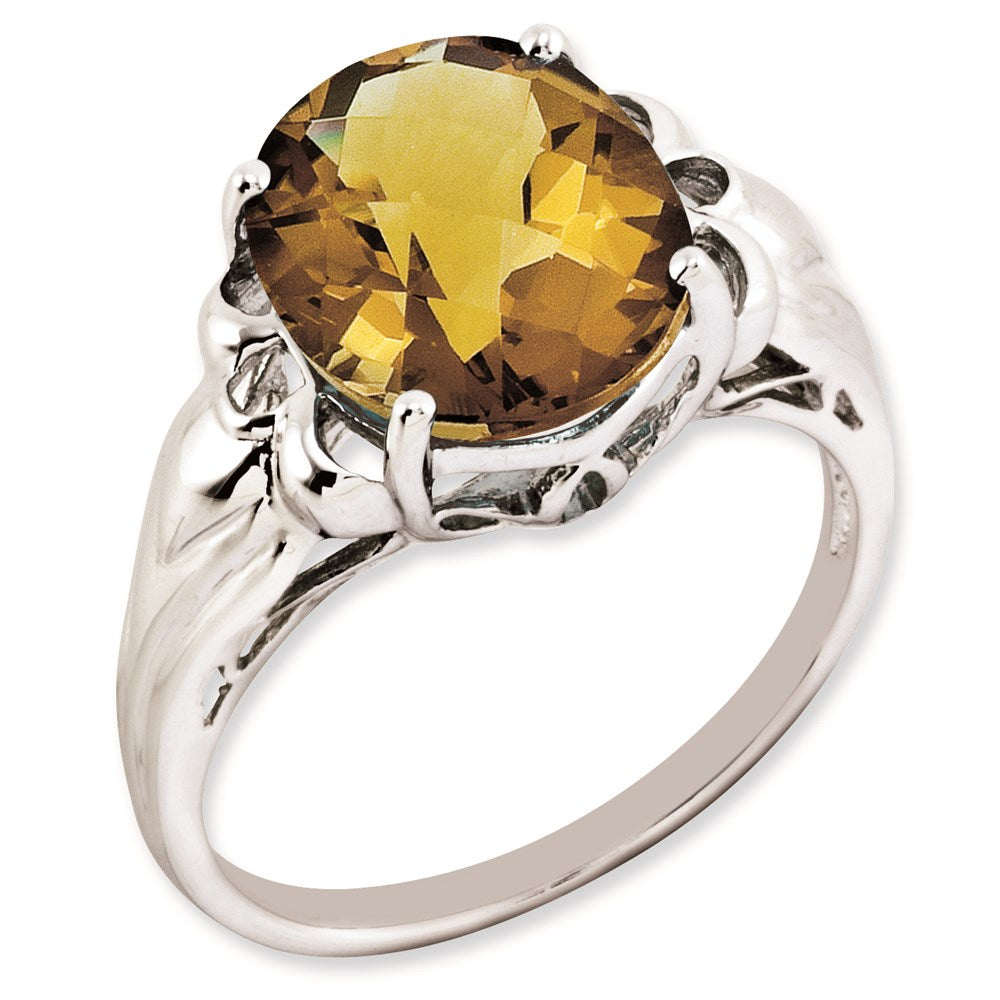 Rhodium-Plated Oval Checker-Cut Whiskey Quartz Ring in Sterling Silver