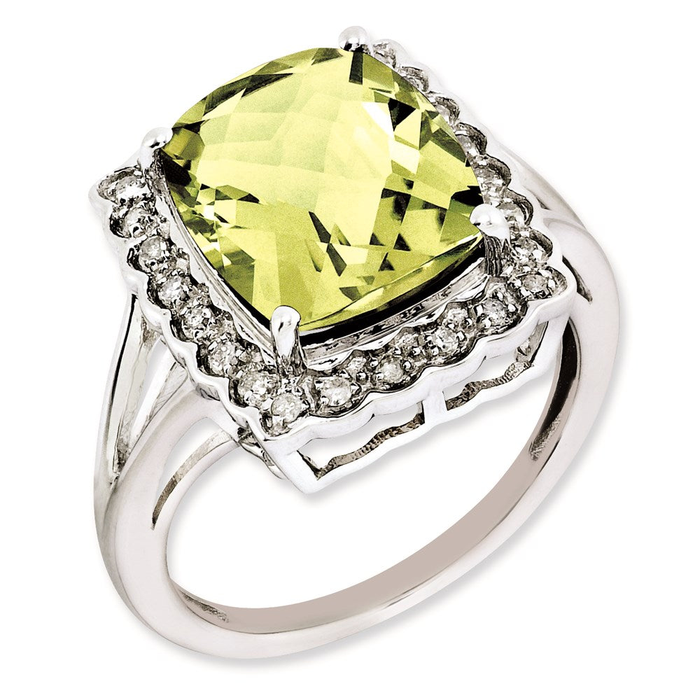 Rhodium-Plated Diamond & Checker-Cut Lemon Quartz Ring in Sterling Silver