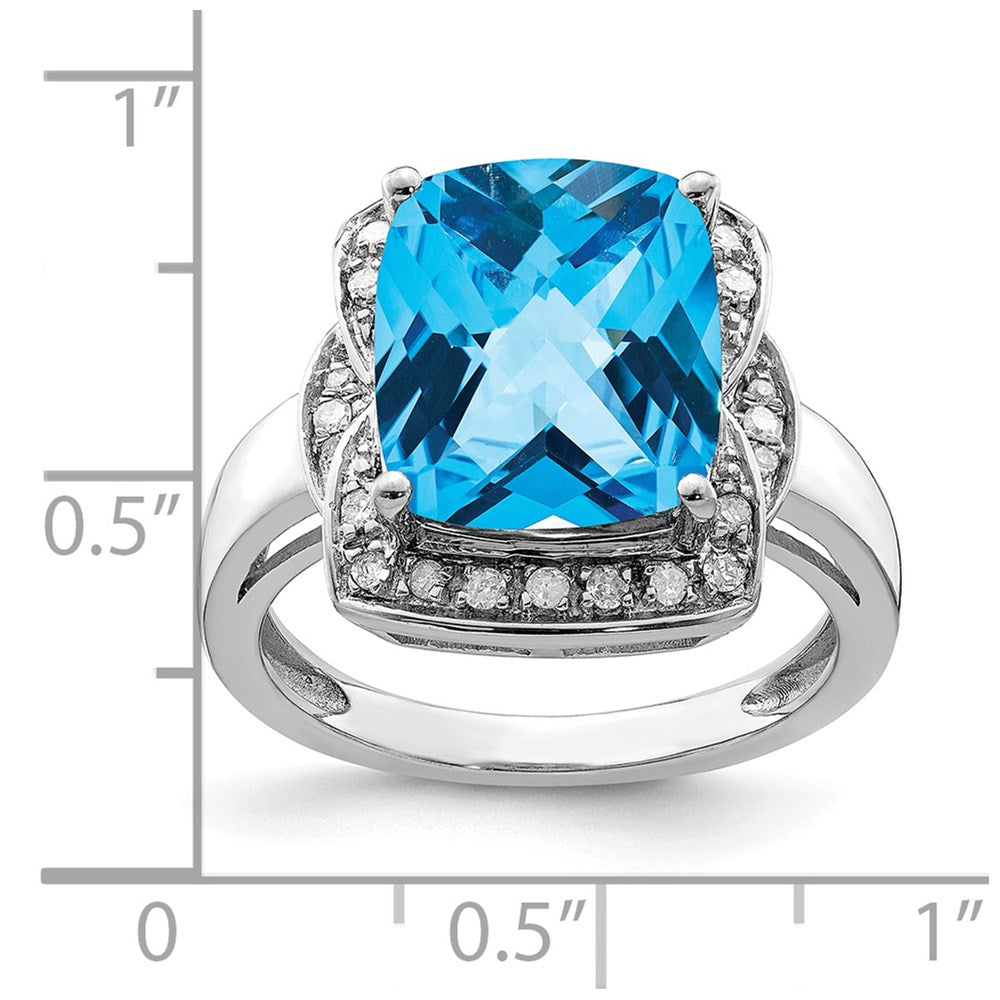Rhodium Diamond & Checker-Cut Blue Topaz Ring in Sterling Silver