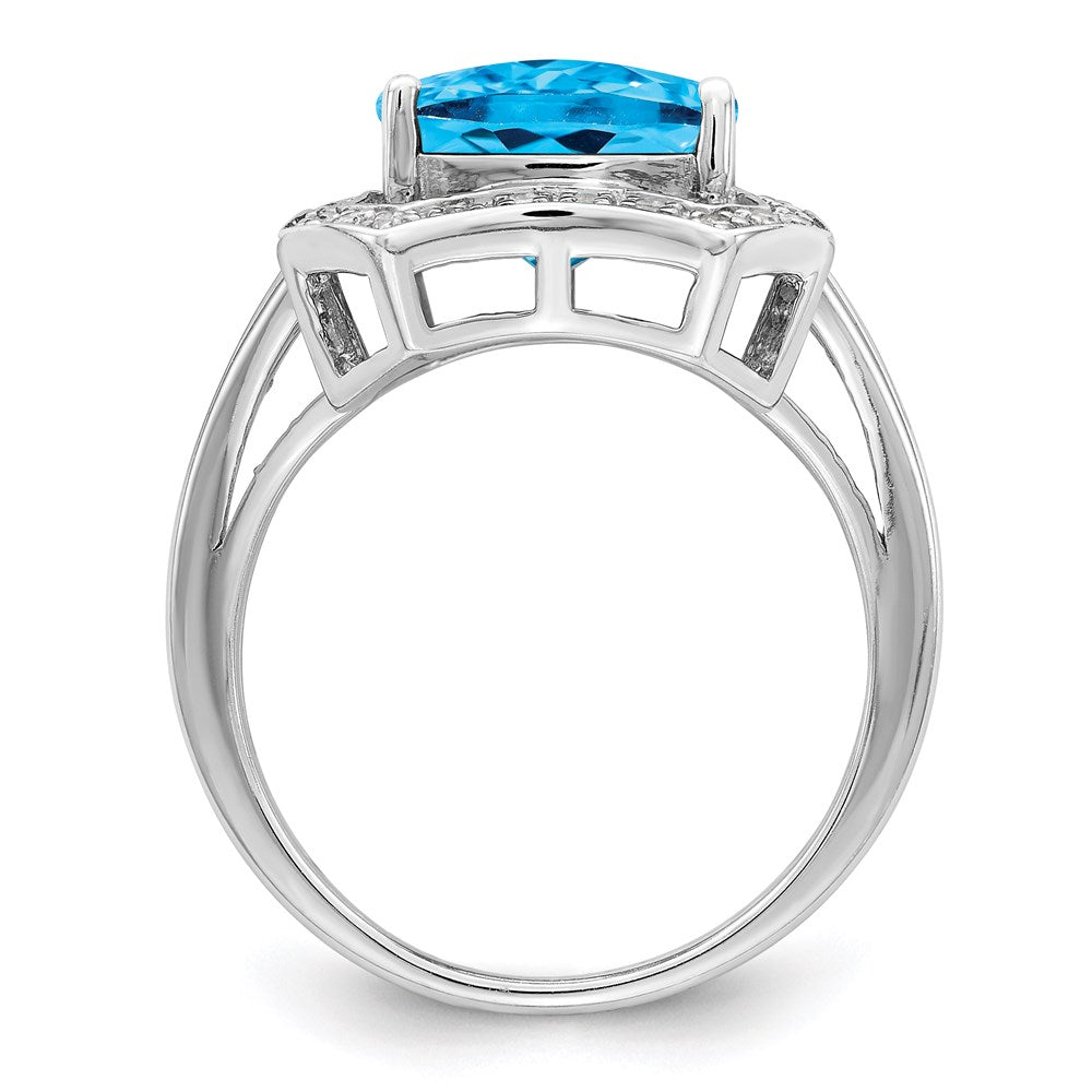 Rhodium Diamond & Checker-Cut Blue Topaz Ring in Sterling Silver