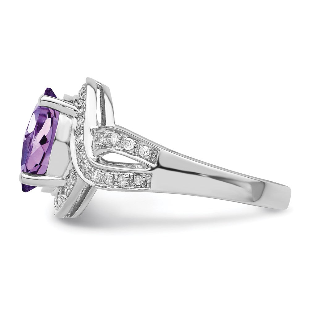 Rhodium-Plated Diamond & Oval Checker-Cut Amethyst Ring in Sterling Silver