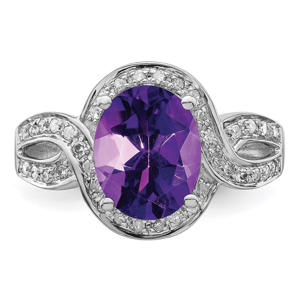 Rhodium-Plated Diamond & Oval Checker-Cut Amethyst Ring in Sterling Silver