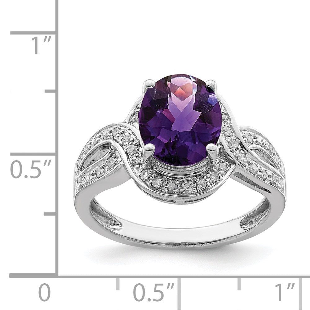 Rhodium-Plated Diamond & Oval Checker-Cut Amethyst Ring in Sterling Silver