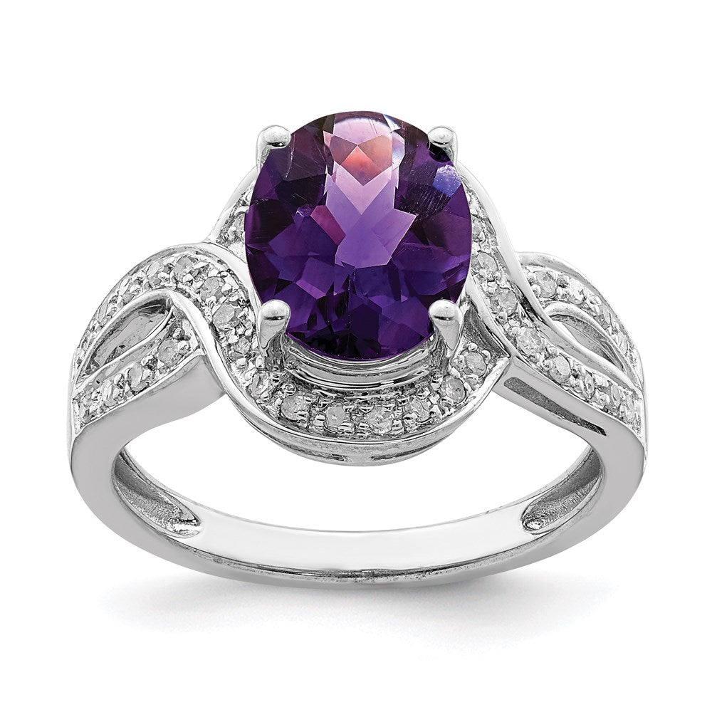 Rhodium-Plated Diamond & Oval Checker-Cut Amethyst Ring in Sterling Silver