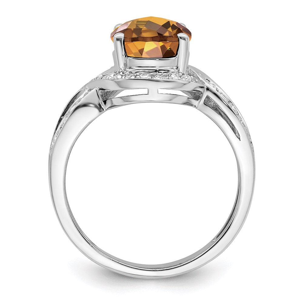 Rhodium Diamond & Oval Checker-Cut Whiskey Quartz Ring in Sterling Silver