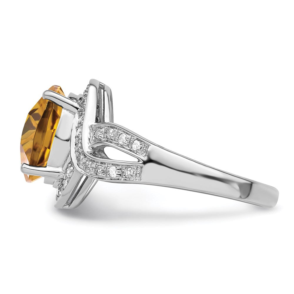 Rhodium Diamond & Oval Checker-Cut Whiskey Quartz Ring in Sterling Silver