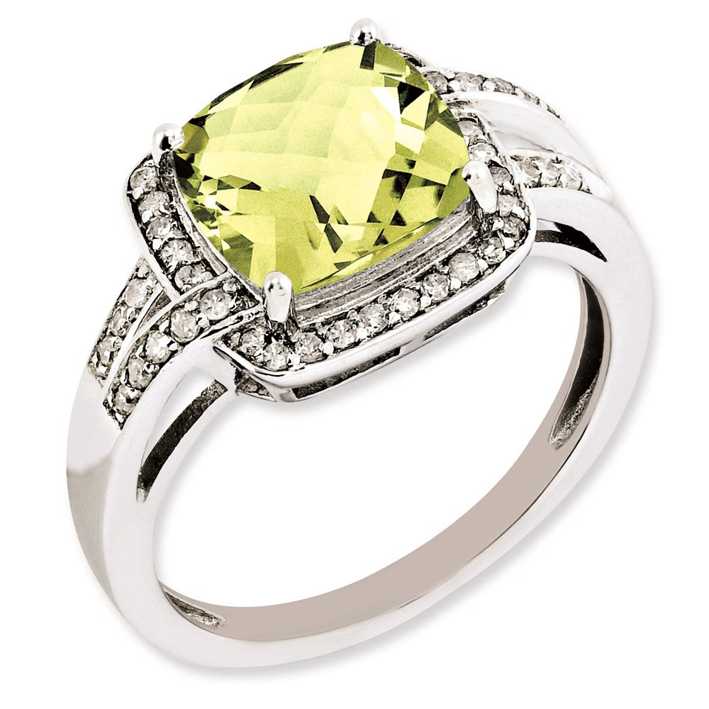 Rhodium-Plated Diamond & Checker-Cut Lemon Quartz Ring in Sterling Silver