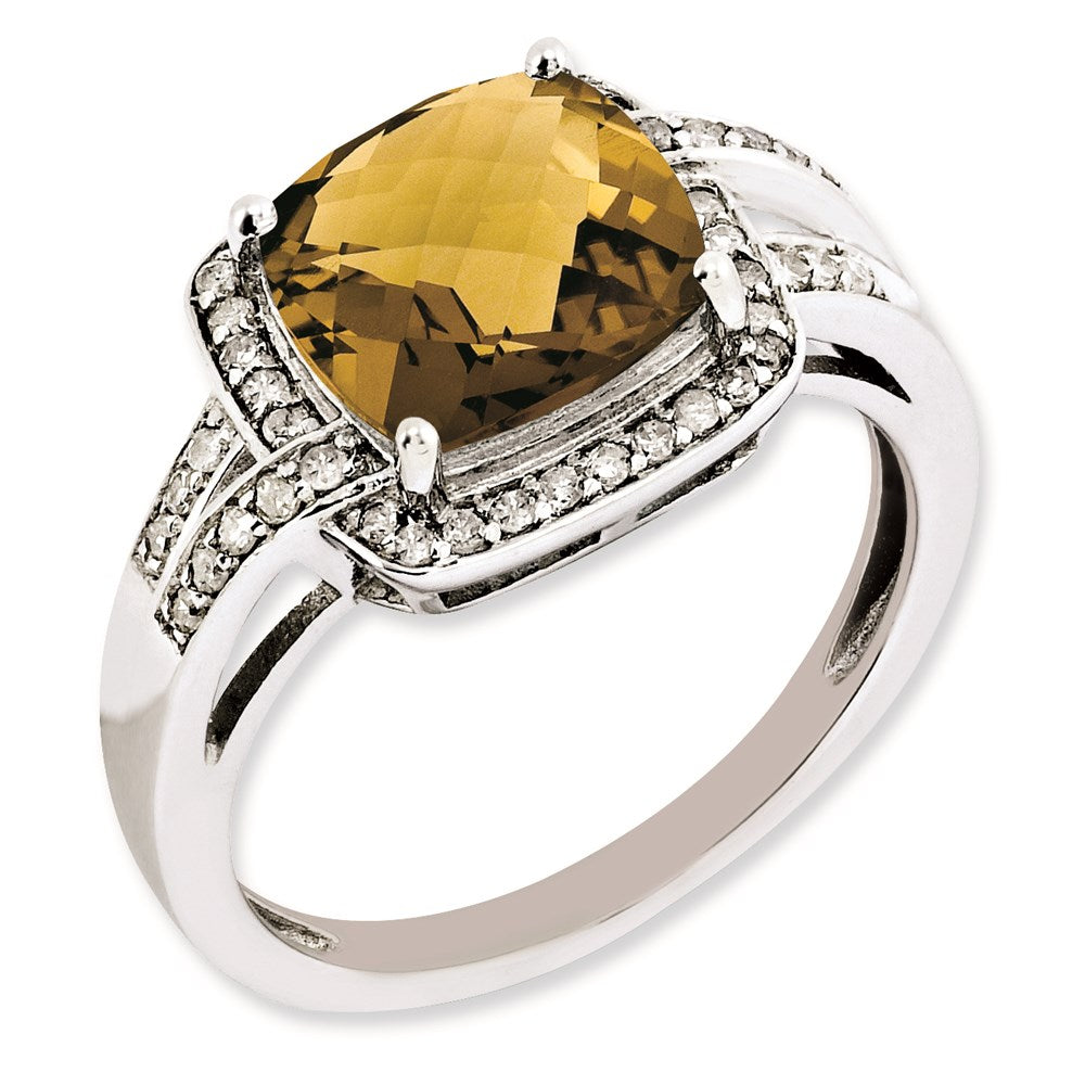 Rhodium-Plated Diamond & Checker-Cut Whiskey Quartz Ring in Sterling Silver