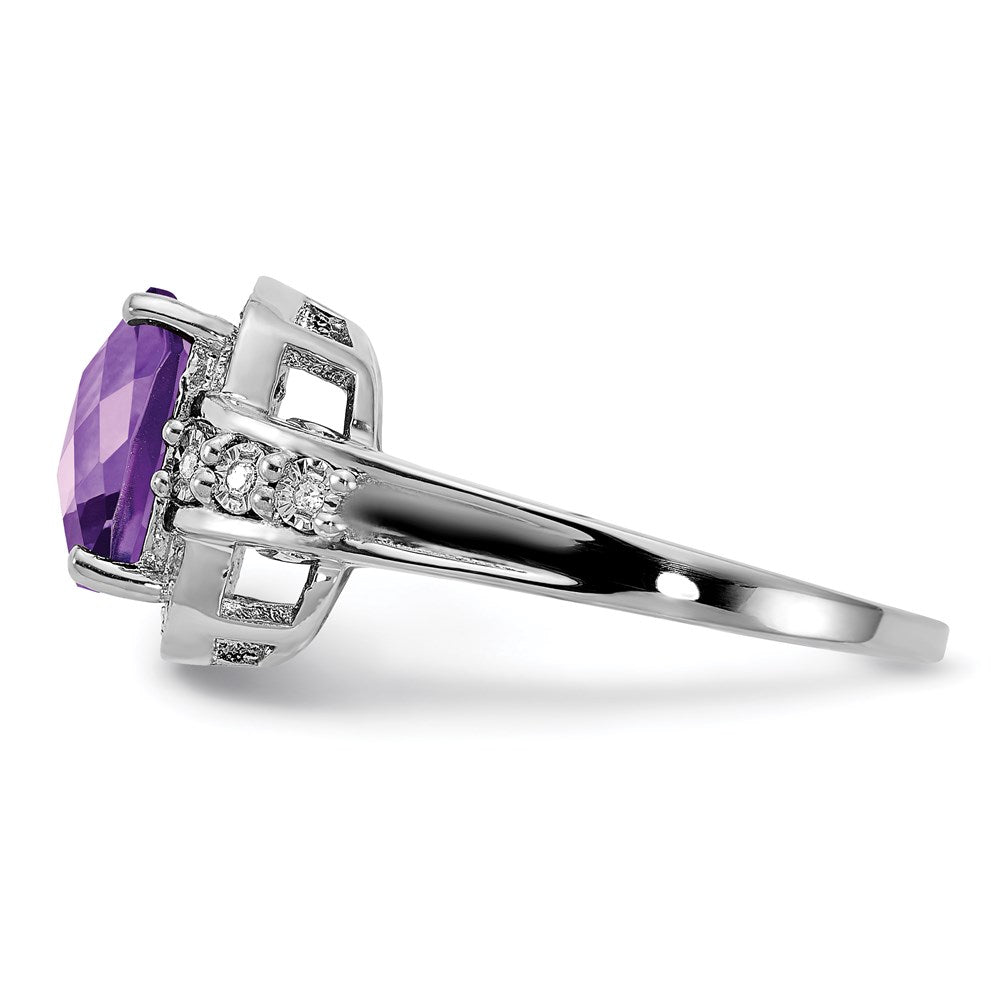 Rhodium-Plated Diamond & Checker-Cut Amethyst Ring in Sterling Silver