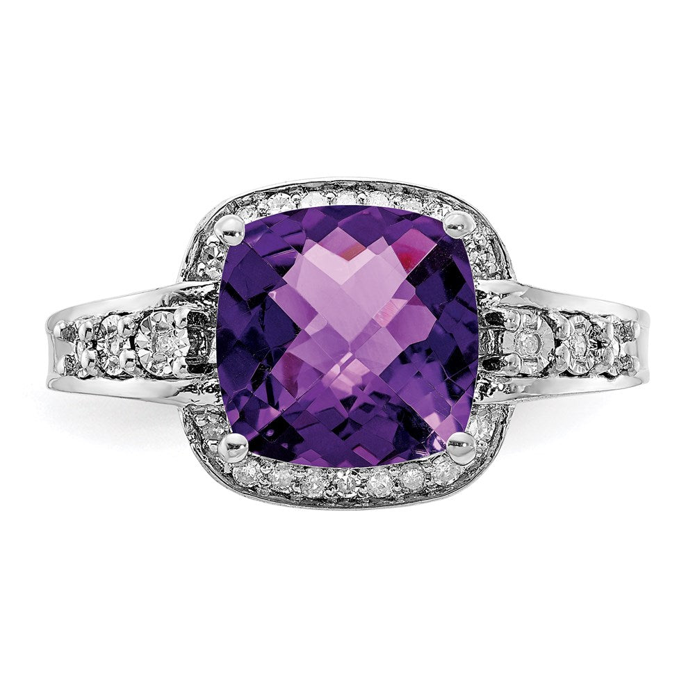 Rhodium-Plated Diamond & Checker-Cut Amethyst Ring in Sterling Silver