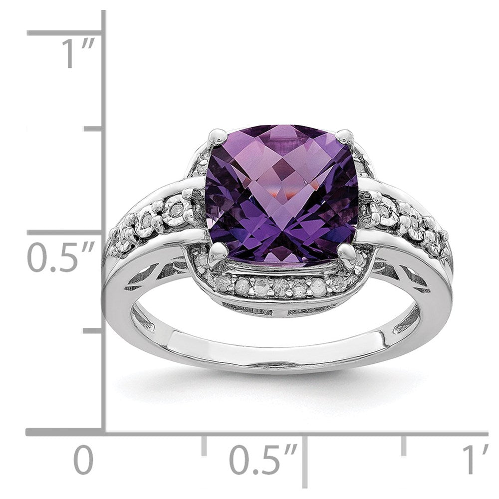 Rhodium-Plated Diamond & Checker-Cut Amethyst Ring in Sterling Silver