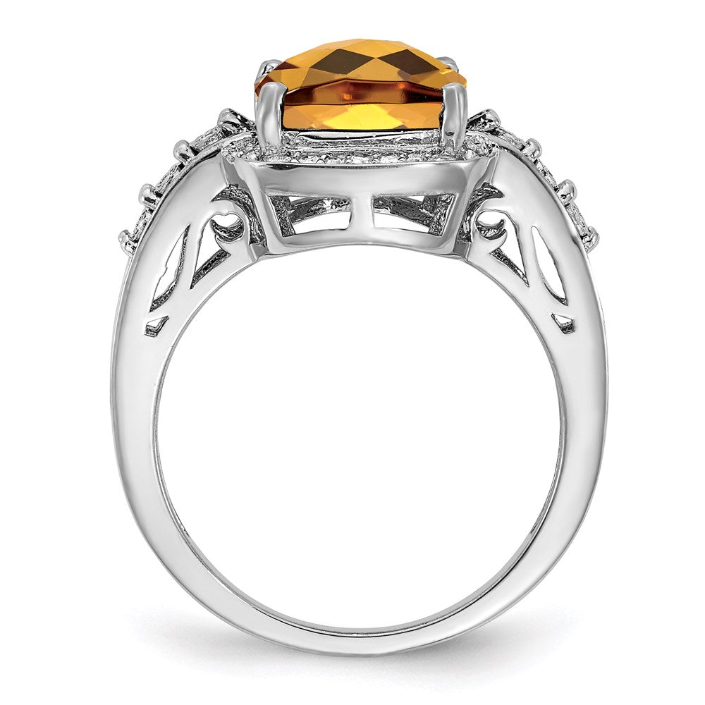 Rhodium Diamond & Checker-Cut Whiskey Quartz Ring in Sterling Silver