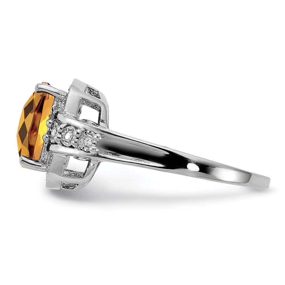 Rhodium Diamond & Checker-Cut Whiskey Quartz Ring in Sterling Silver