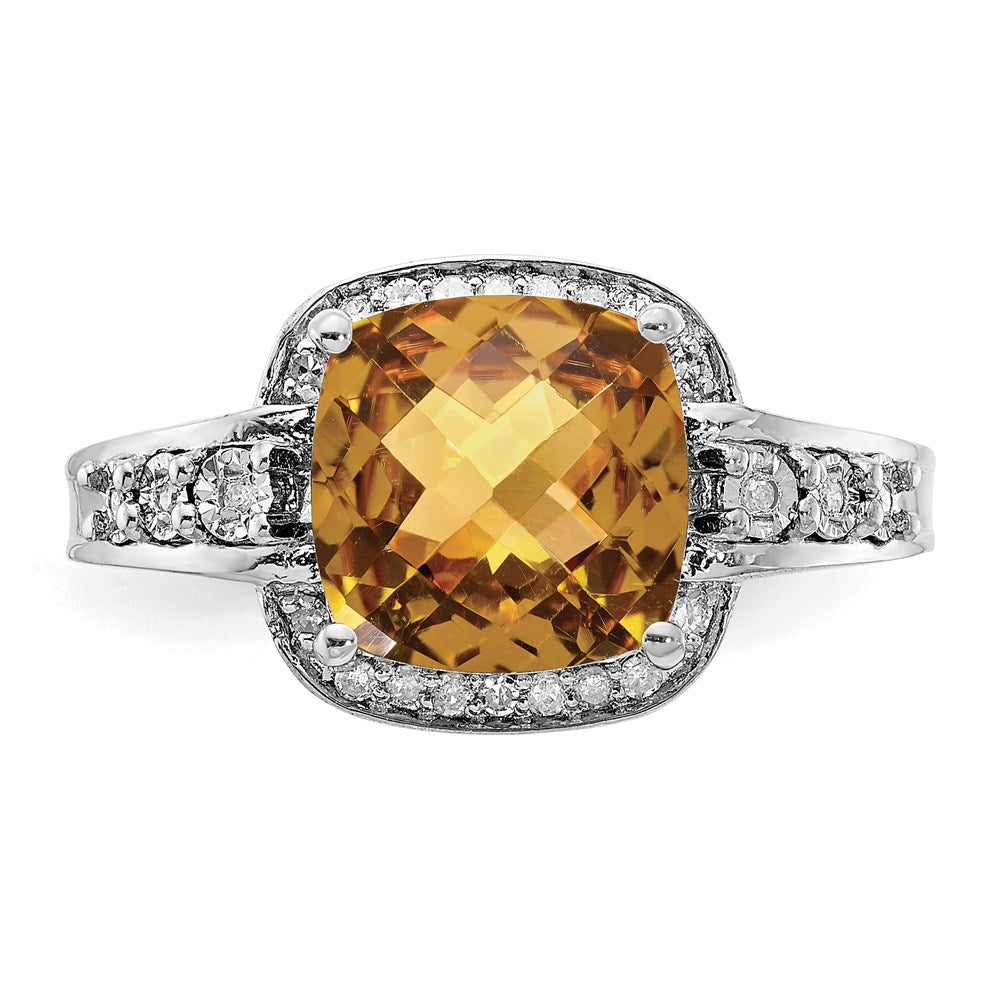 Rhodium Diamond & Checker-Cut Whiskey Quartz Ring in Sterling Silver