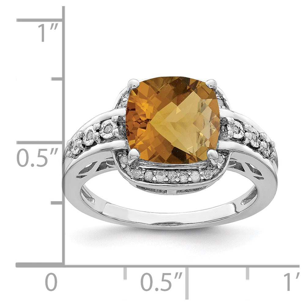 Rhodium Diamond & Checker-Cut Whiskey Quartz Ring in Sterling Silver