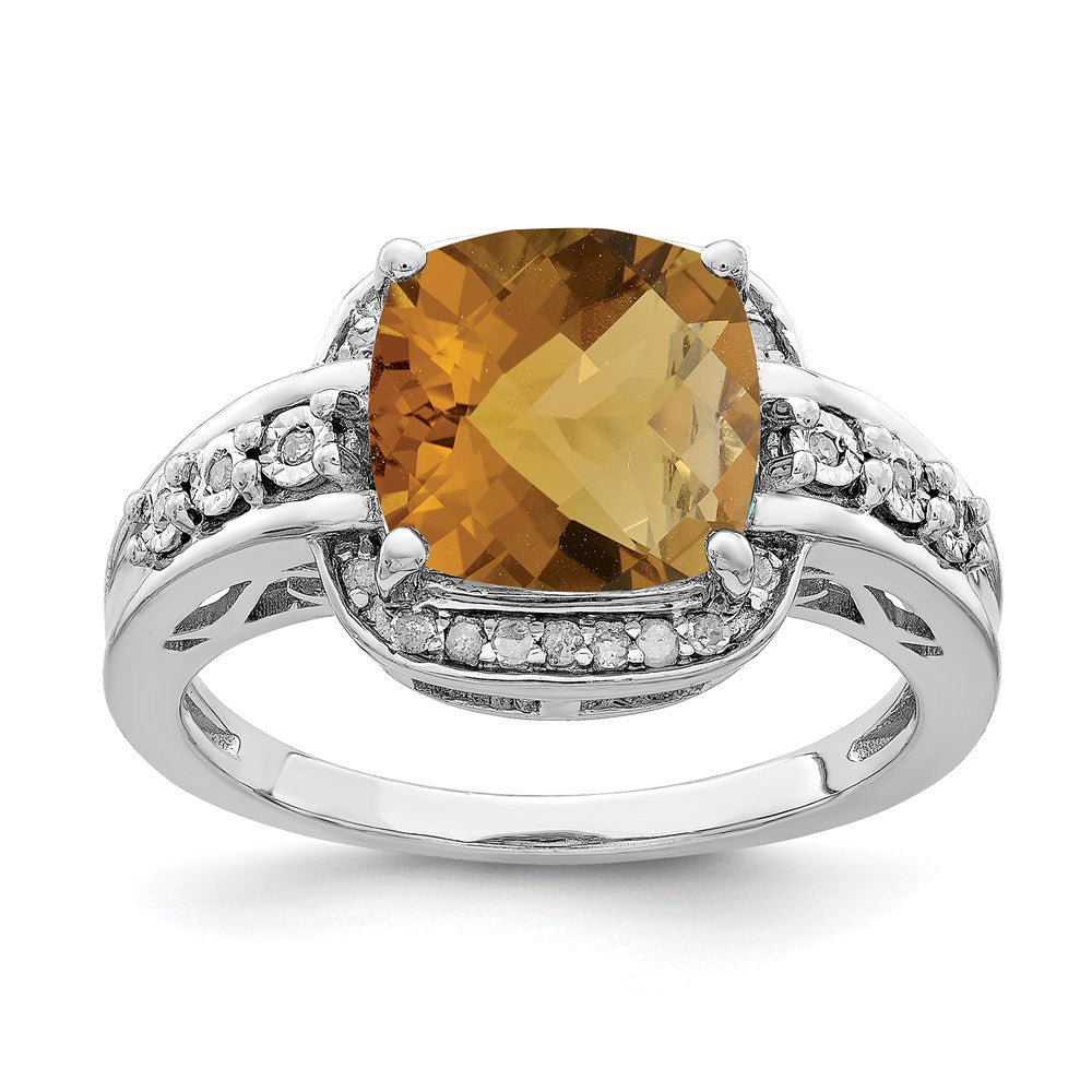 Rhodium Diamond & Checker-Cut Whiskey Quartz Ring in Sterling Silver