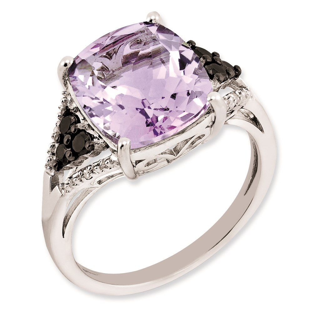 Rhodium-Plated Diamond & Pink Quartz Ring in Sterling Silver