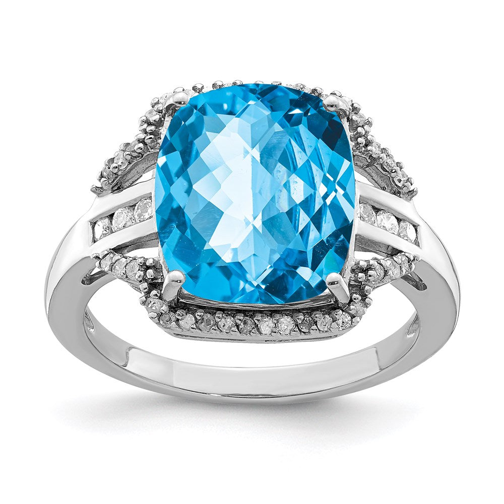 Rhodium Checker-Cut Blue Topaz & Diamond Ring in Sterling Silver