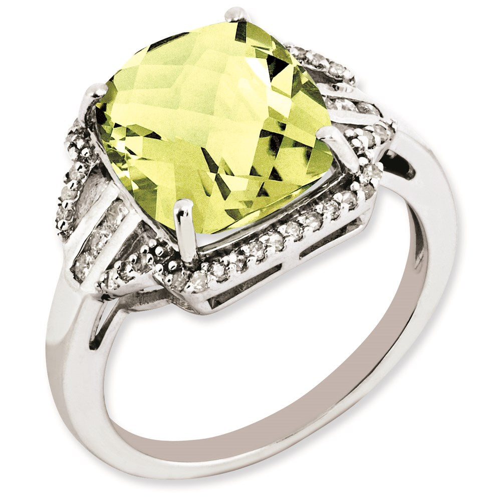 Rhodium-Plated Diamond & Checker-Cut Lemon Quartz Ring in Sterling Silver