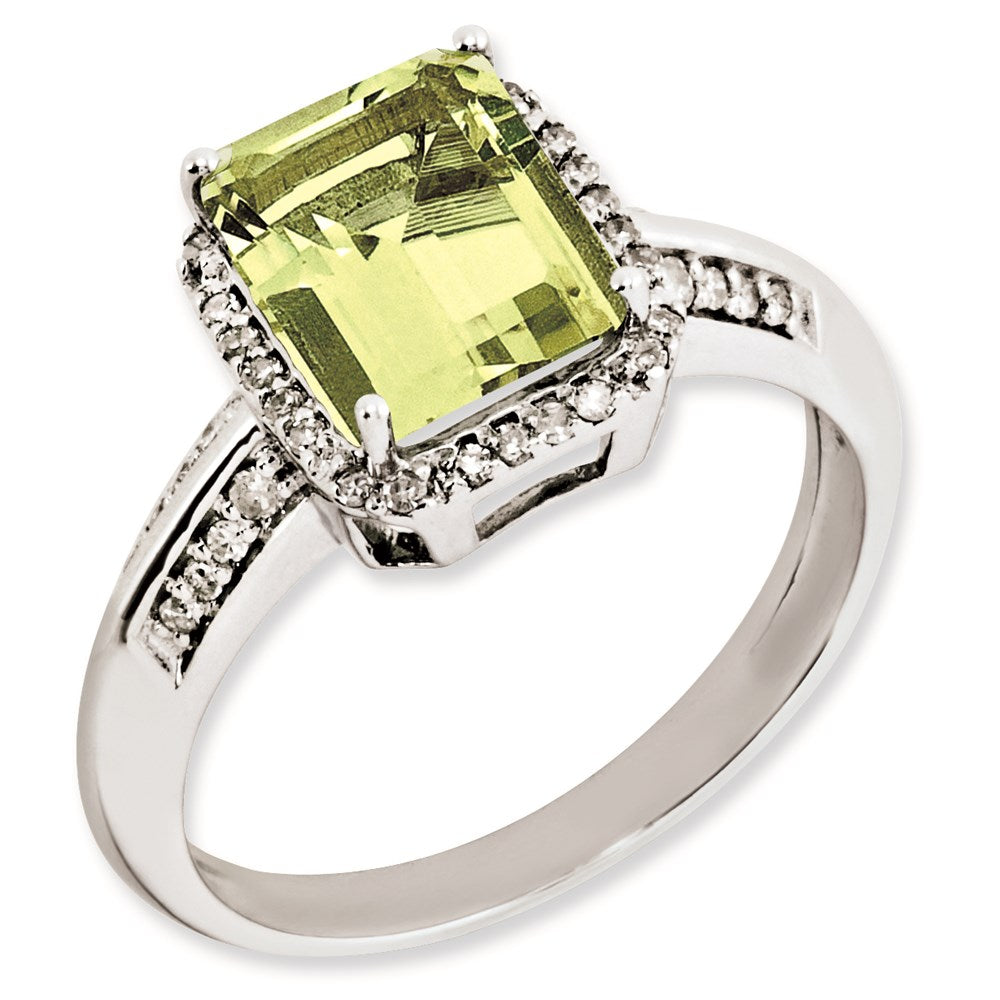 Rhodium-Plated Octagonal Diamond & Lemon Quartz Ring in Sterling Silver