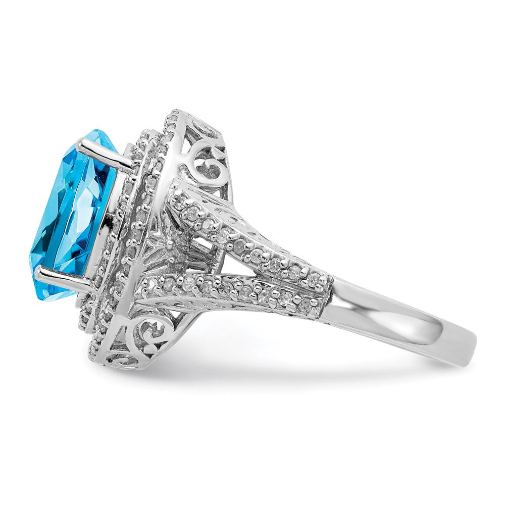 Rhodium Oval Blue Topaz & Diamond Ring in Sterling Silver