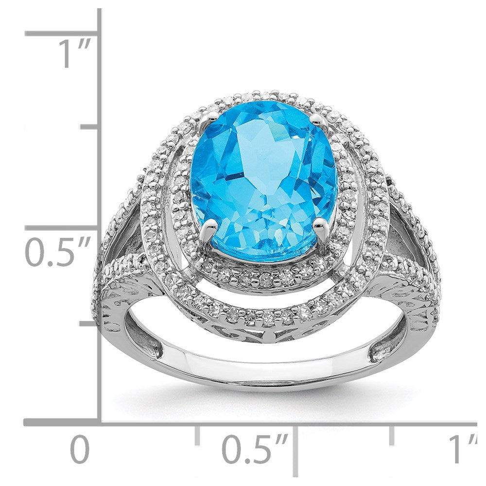Rhodium Oval Blue Topaz & Diamond Ring in Sterling Silver