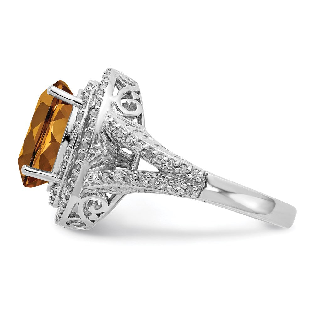 Rhodium Oval Diamond & Whiskey Quartz Ring in Sterling Silver