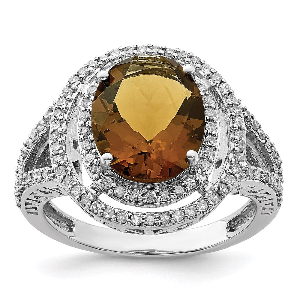 Rhodium Oval Diamond & Whiskey Quartz Ring in Sterling Silver