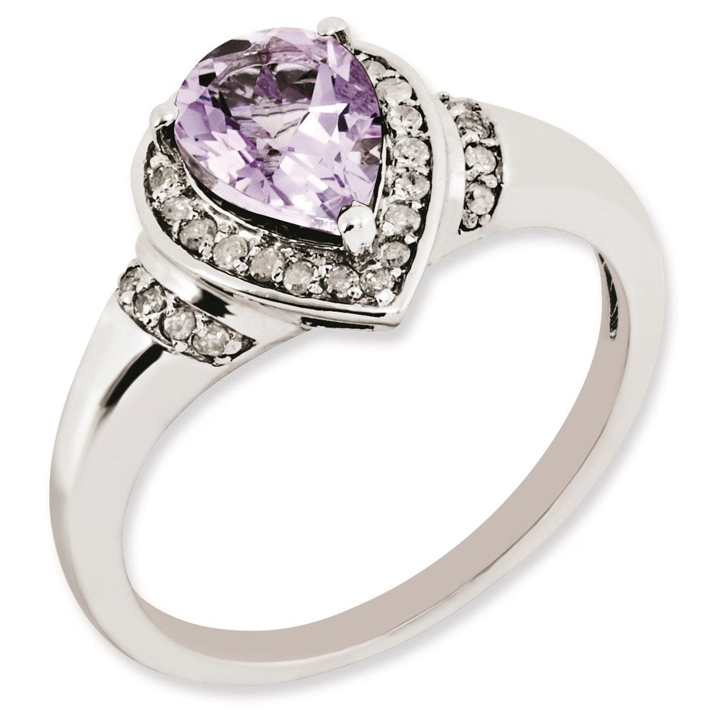 Rhodium-Plated Diamond & Pink Quartz Ring in Sterling Silver