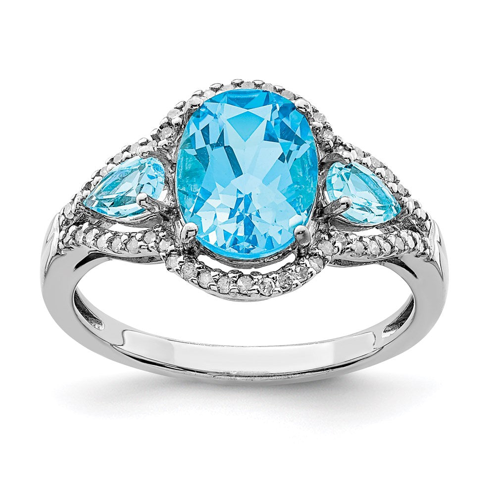 Rhodium Oval Blue Topaz & Diamond Ring in Sterling Silver