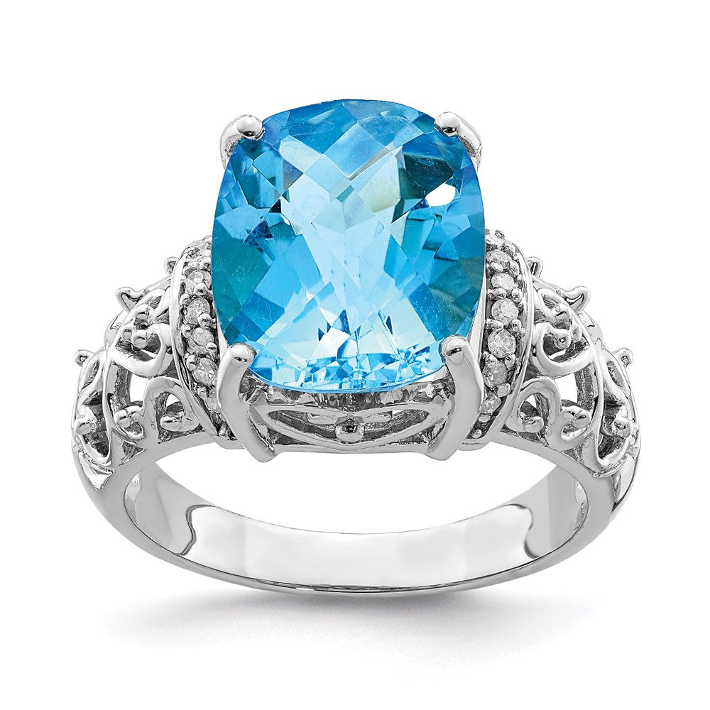 Rhodium Checker-Cut Blue Topaz & Diamond Ring in Sterling Silver