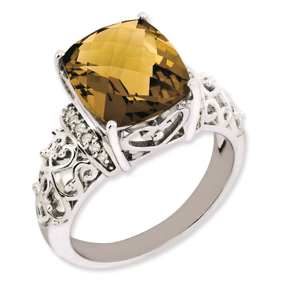 Rhodium-Plated Diamond & Checker-Cut Whiskey Quartz Ring in Sterling Silver