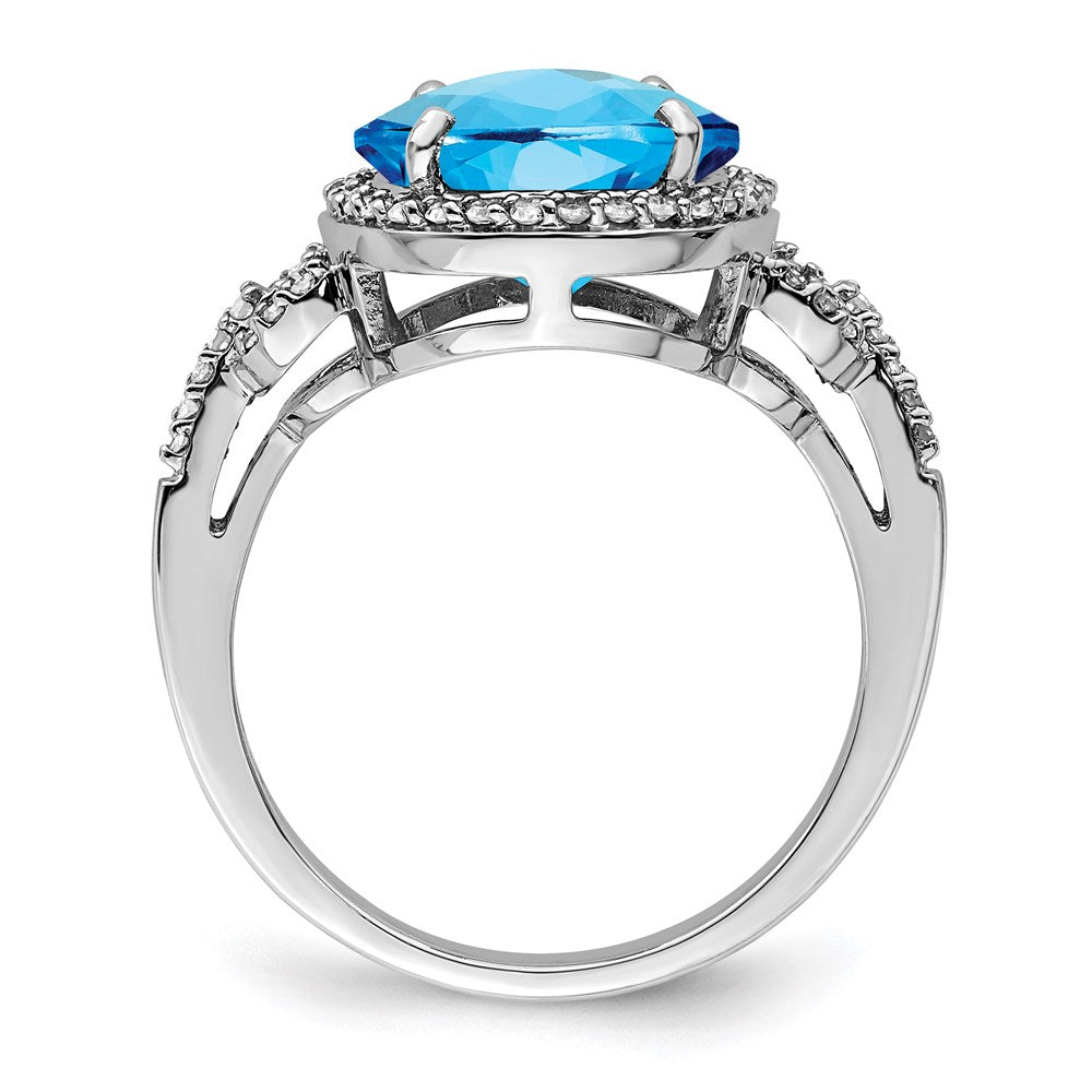 Rhodium Oval Checker-Cut Blue Topaz & Diamond Ring in Sterling Silver
