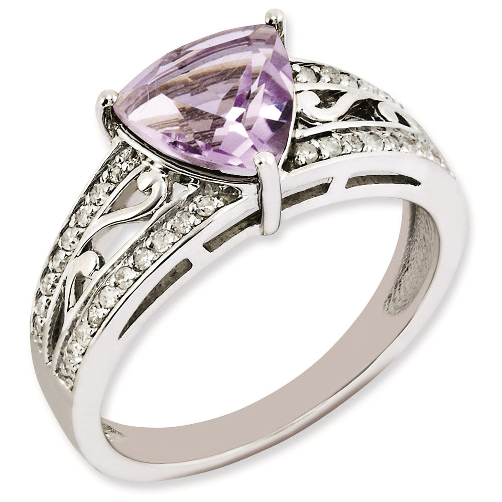 Rhodium-Plated Diamond & Pink Quartz Ring in Sterling Silver