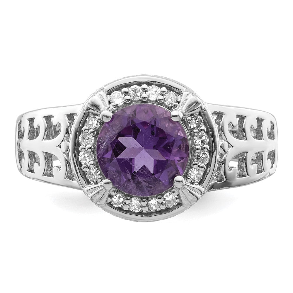 Rhodium-Plated Amethyst & Diamond Ring in Sterling Silver