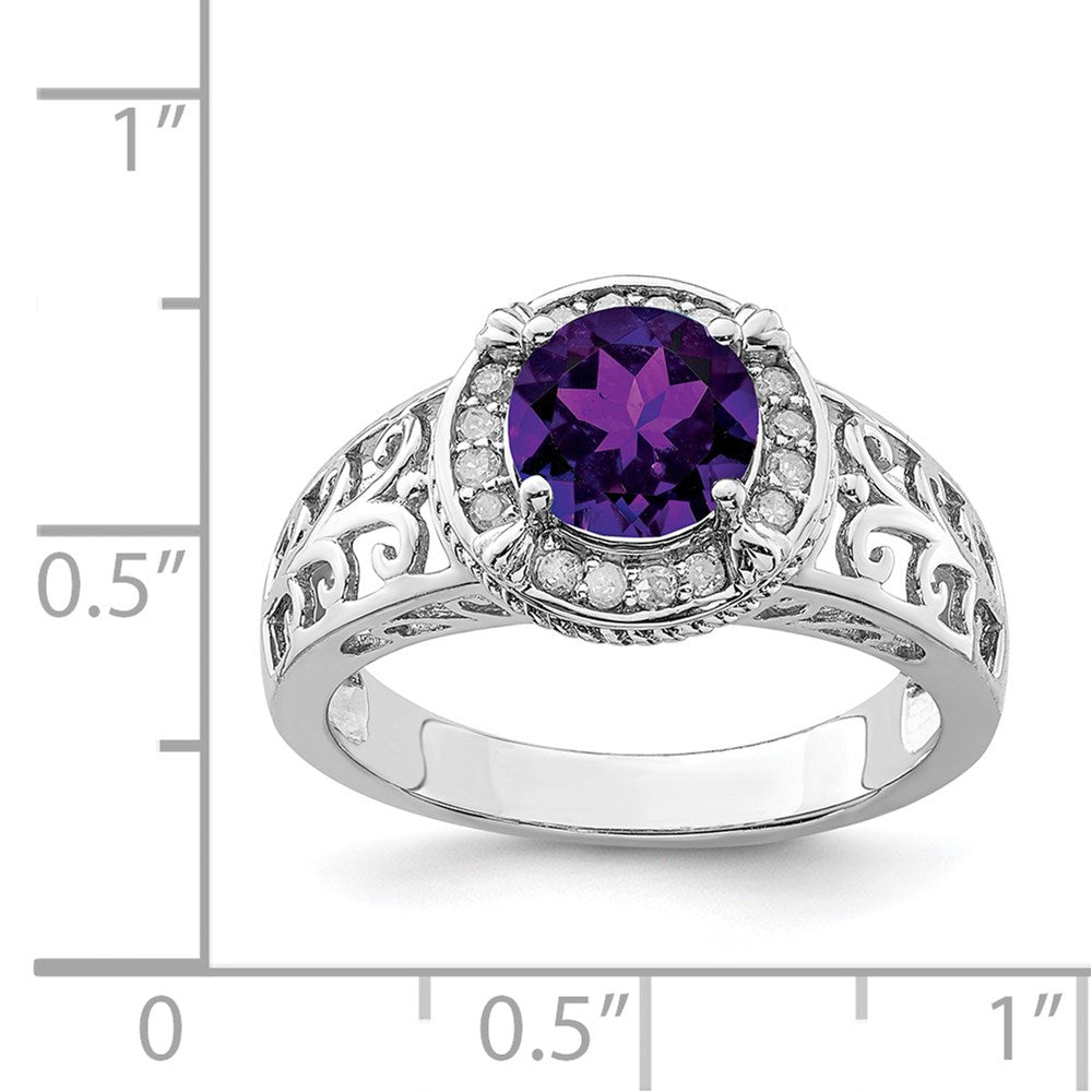 Rhodium-Plated Amethyst & Diamond Ring in Sterling Silver