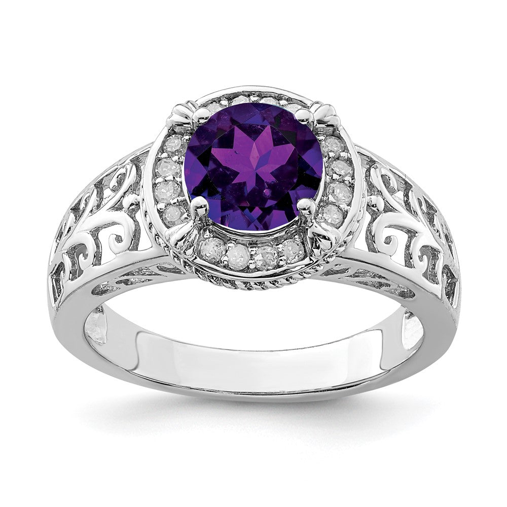 Rhodium-Plated Amethyst & Diamond Ring in Sterling Silver