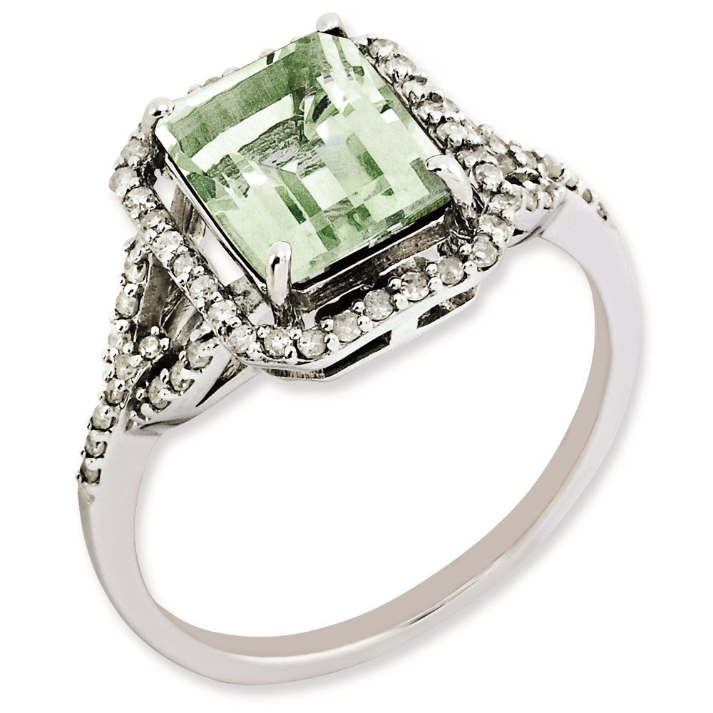 Rhodium-Plated Green Quartz & Diamond Ring in Sterling Silver