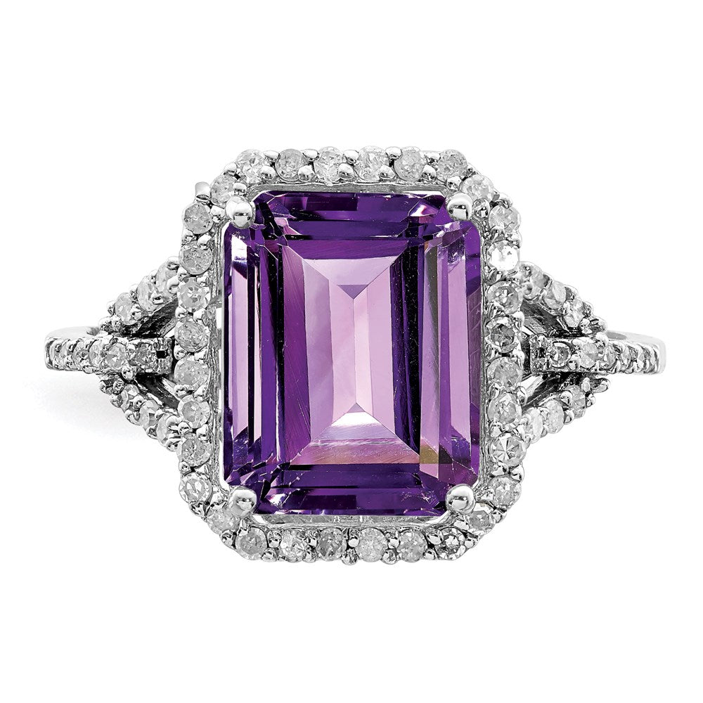 Rhodium-Plated Amethyst & Diamond Ring in Sterling Silver