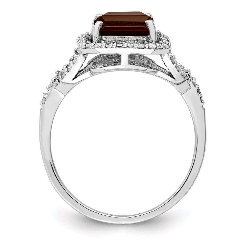 Rhodium Octagonal Diamond & Smoky Quartz Ring in Sterling Silver