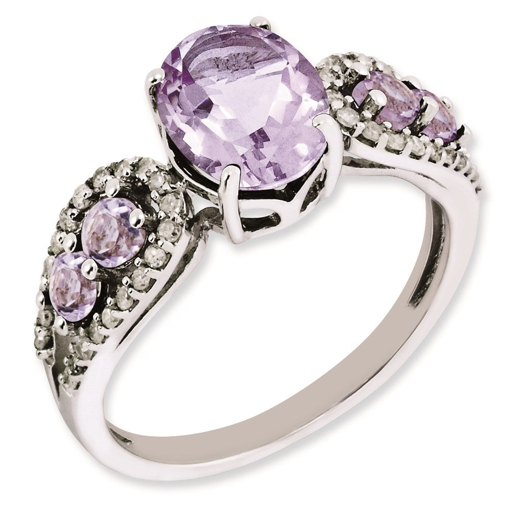 Rhodium-Plated Diamond & Oval Pink Quartz Ring in Sterling Silver