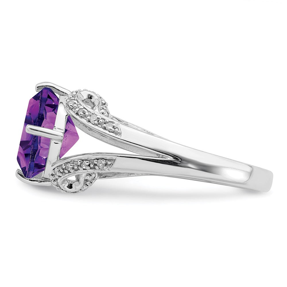 Rhodium-Plated Oval Amethyst & Diamond Ring in Sterling Silver