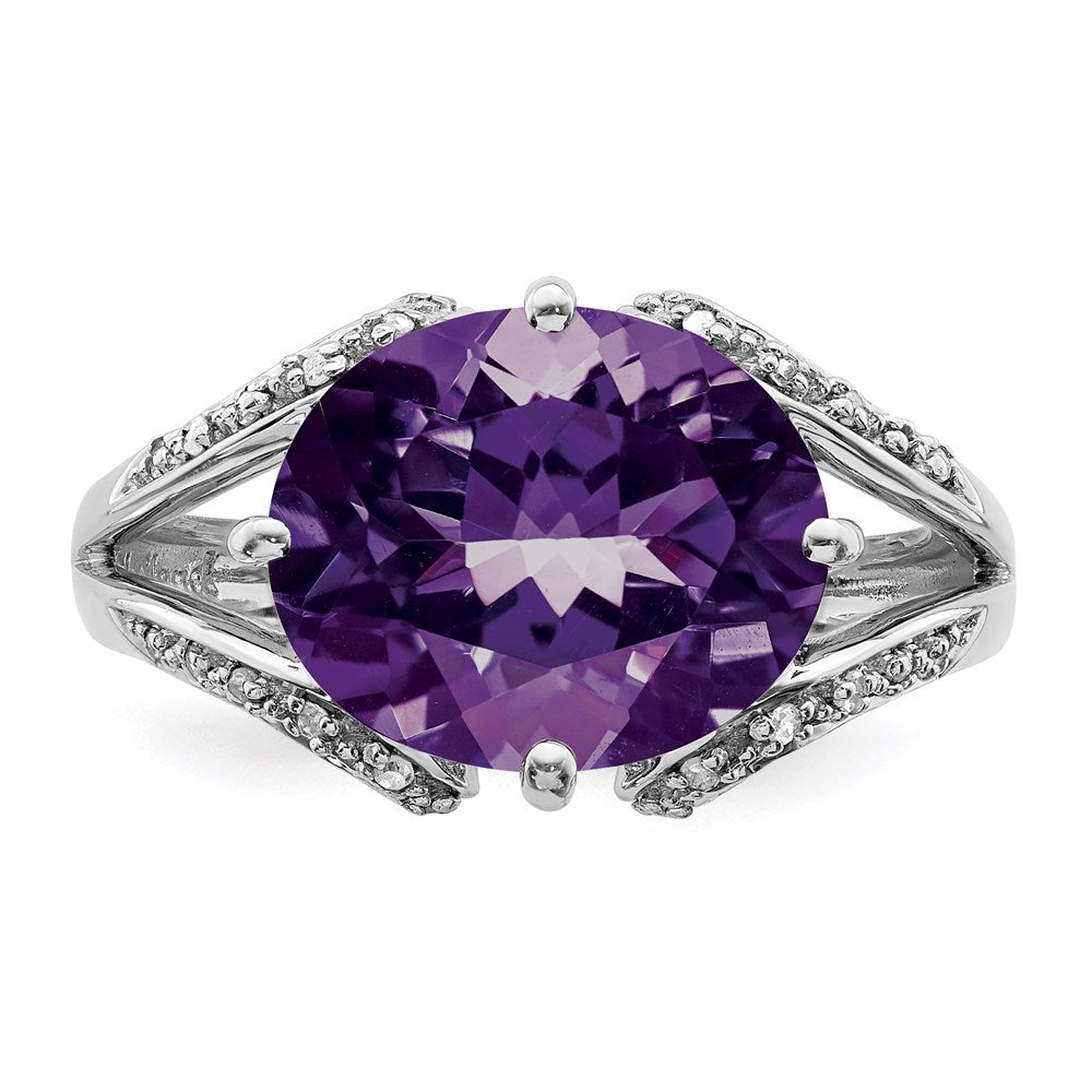 Rhodium-Plated Oval Amethyst & Diamond Ring in Sterling Silver