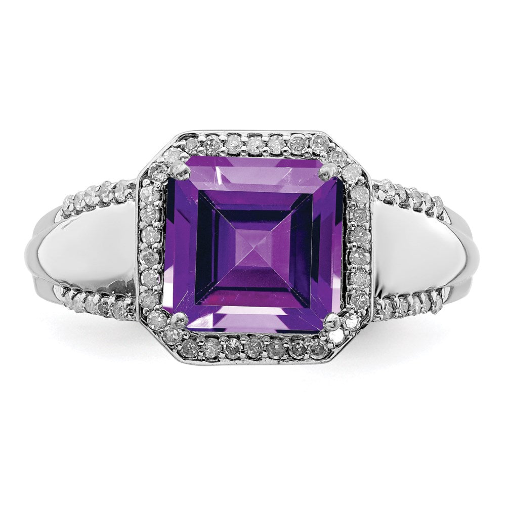 Rhodium-Plated Square Amethyst & Diamond Ring in Sterling Silver