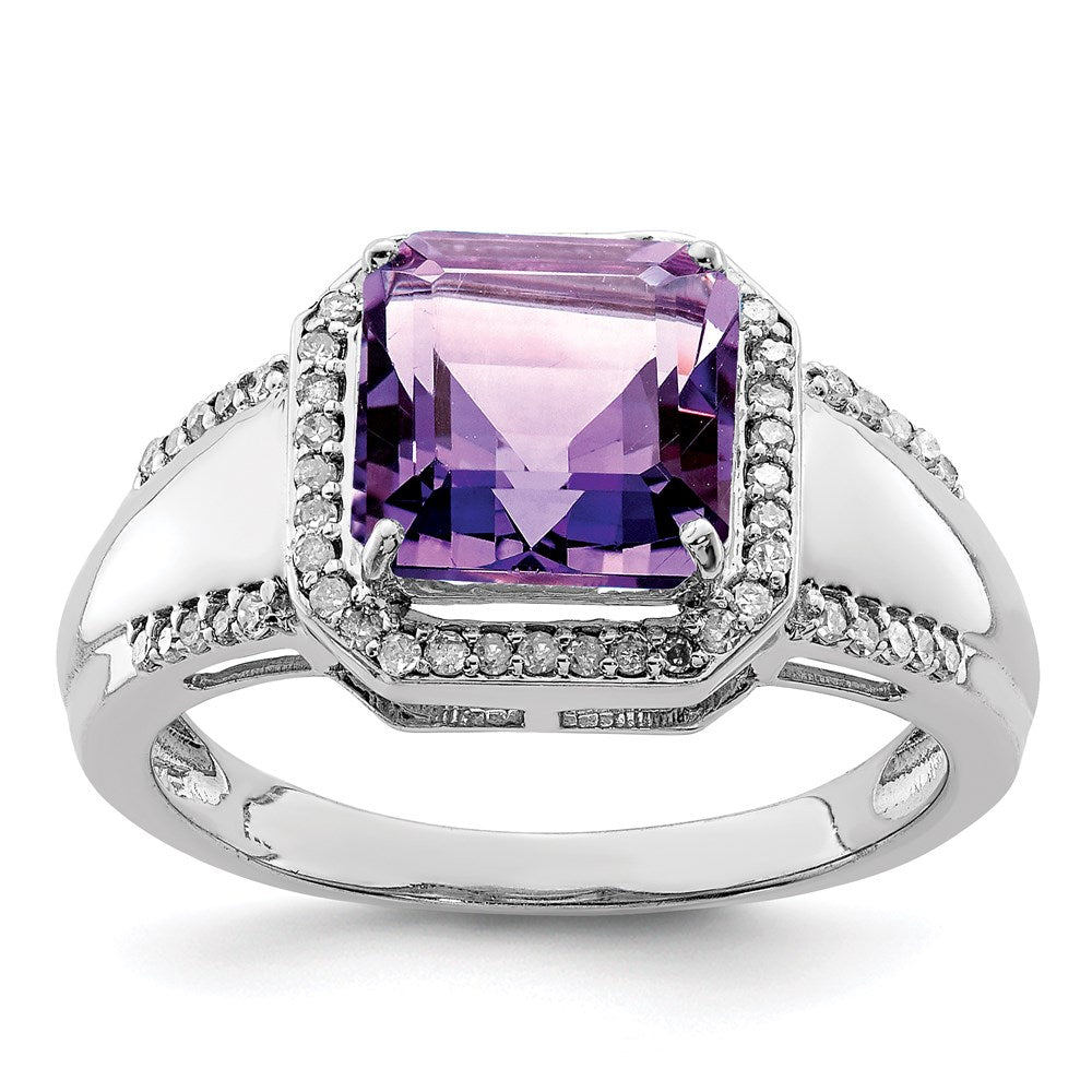 Rhodium-Plated Square Amethyst & Diamond Ring in Sterling Silver