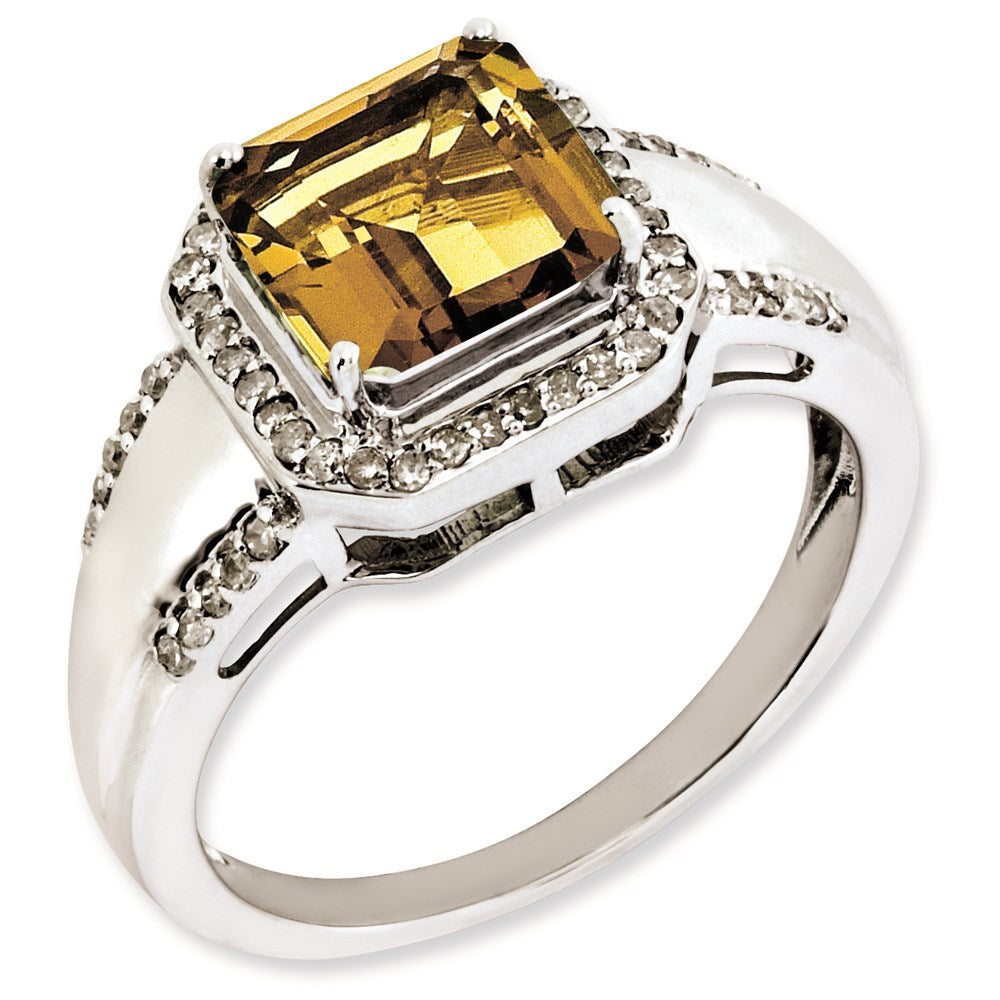 Rhodium-Plated Square Diamond & Whiskey Quartz Ring in Sterling Silver